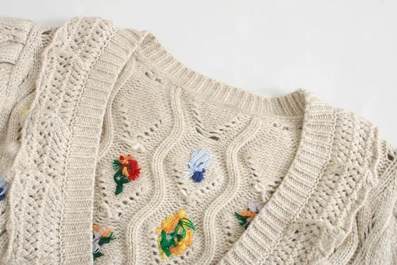 EMBROIDERY POMPOMS KNITTED CARDIGAN