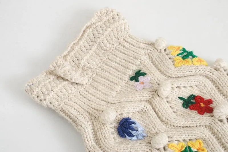 EMBROIDERY POMPOMS KNITTED CARDIGAN