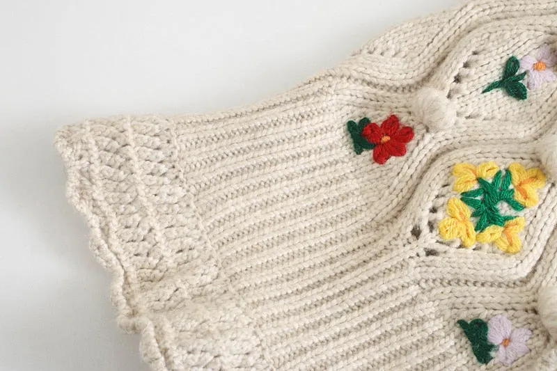 EMBROIDERY POMPOMS KNITTED CARDIGAN