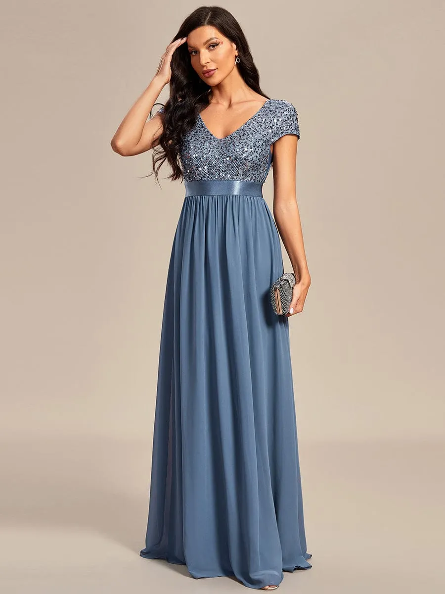 Empire Waist V-Neck Cap Sleeve Chiffon Formal Evening Dress