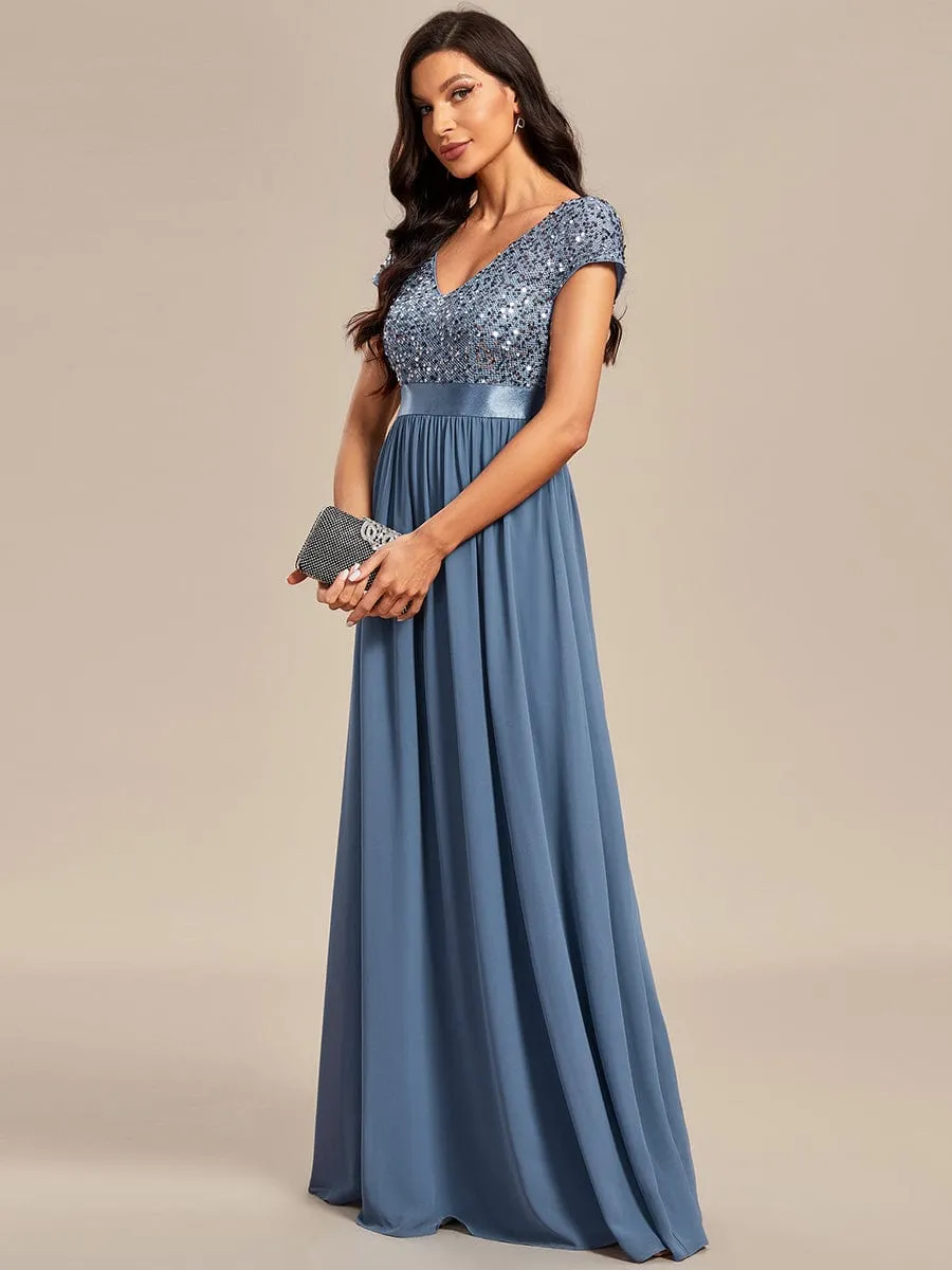 Empire Waist V-Neck Cap Sleeve Chiffon Formal Evening Dress
