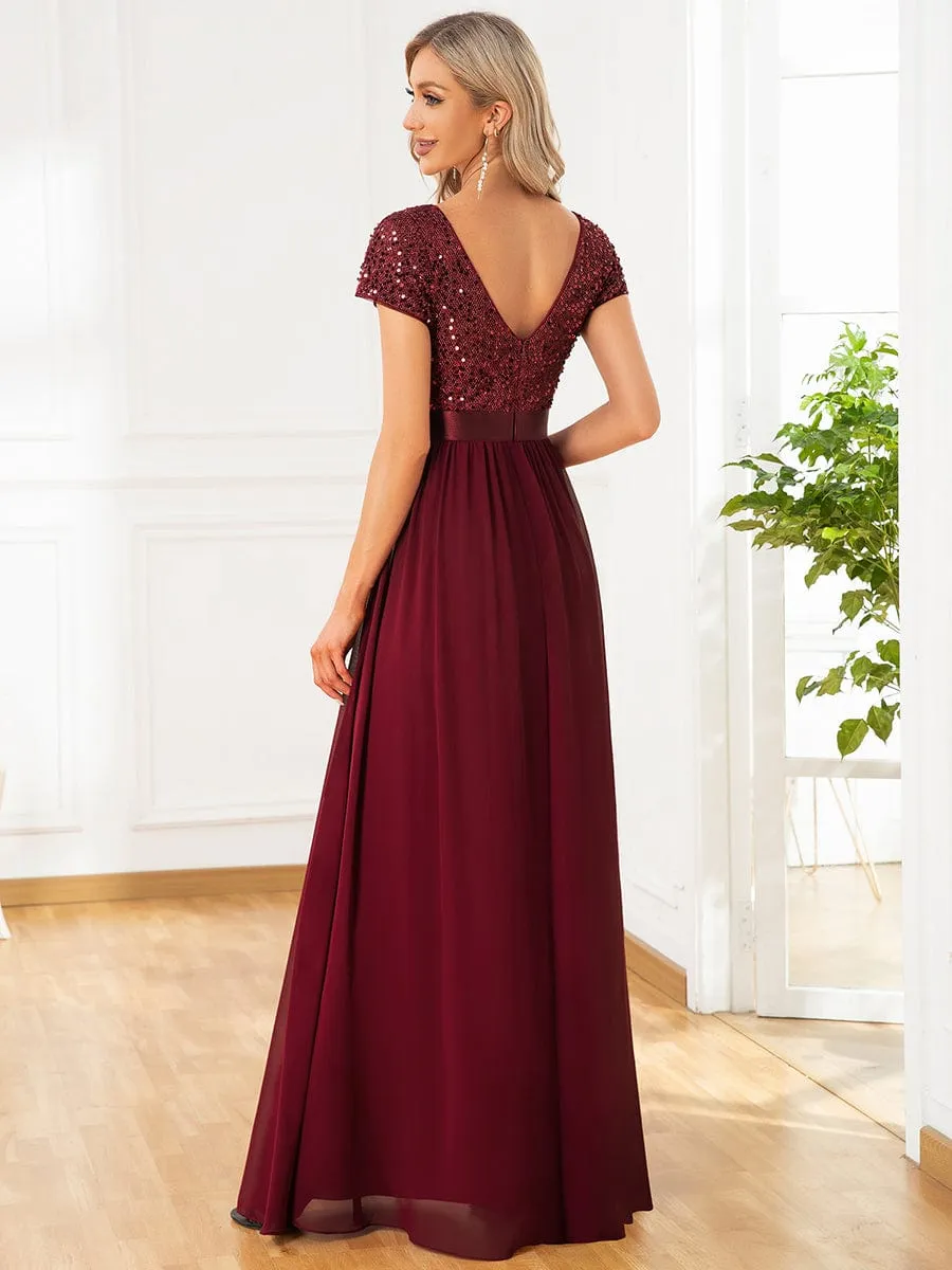 Empire Waist V-Neck Cap Sleeve Chiffon Formal Evening Dress