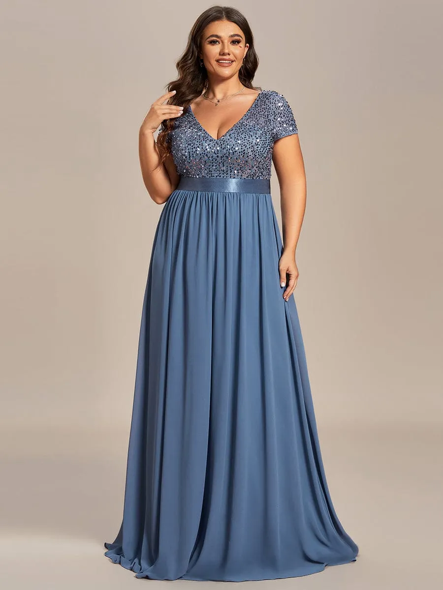 Empire Waist V-Neck Cap Sleeve Chiffon Formal Evening Dress