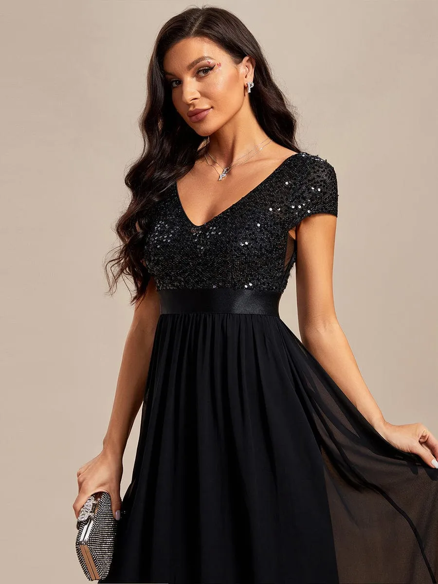 Empire Waist V-Neck Cap Sleeve Chiffon Formal Evening Dress