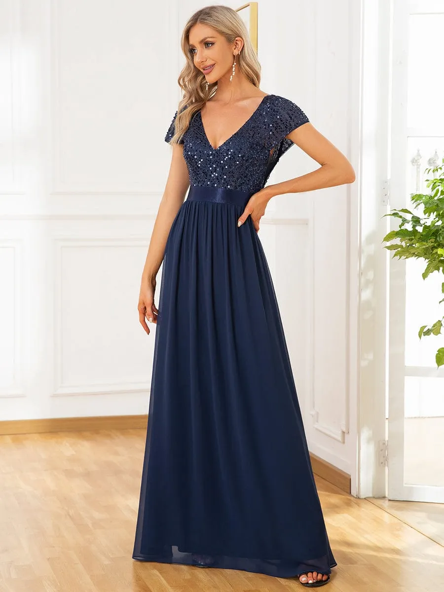 Empire Waist V-Neck Cap Sleeve Chiffon Formal Evening Dress