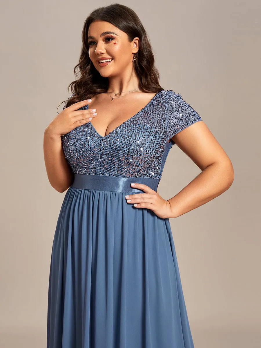 Empire Waist V-Neck Cap Sleeve Chiffon Formal Evening Dress