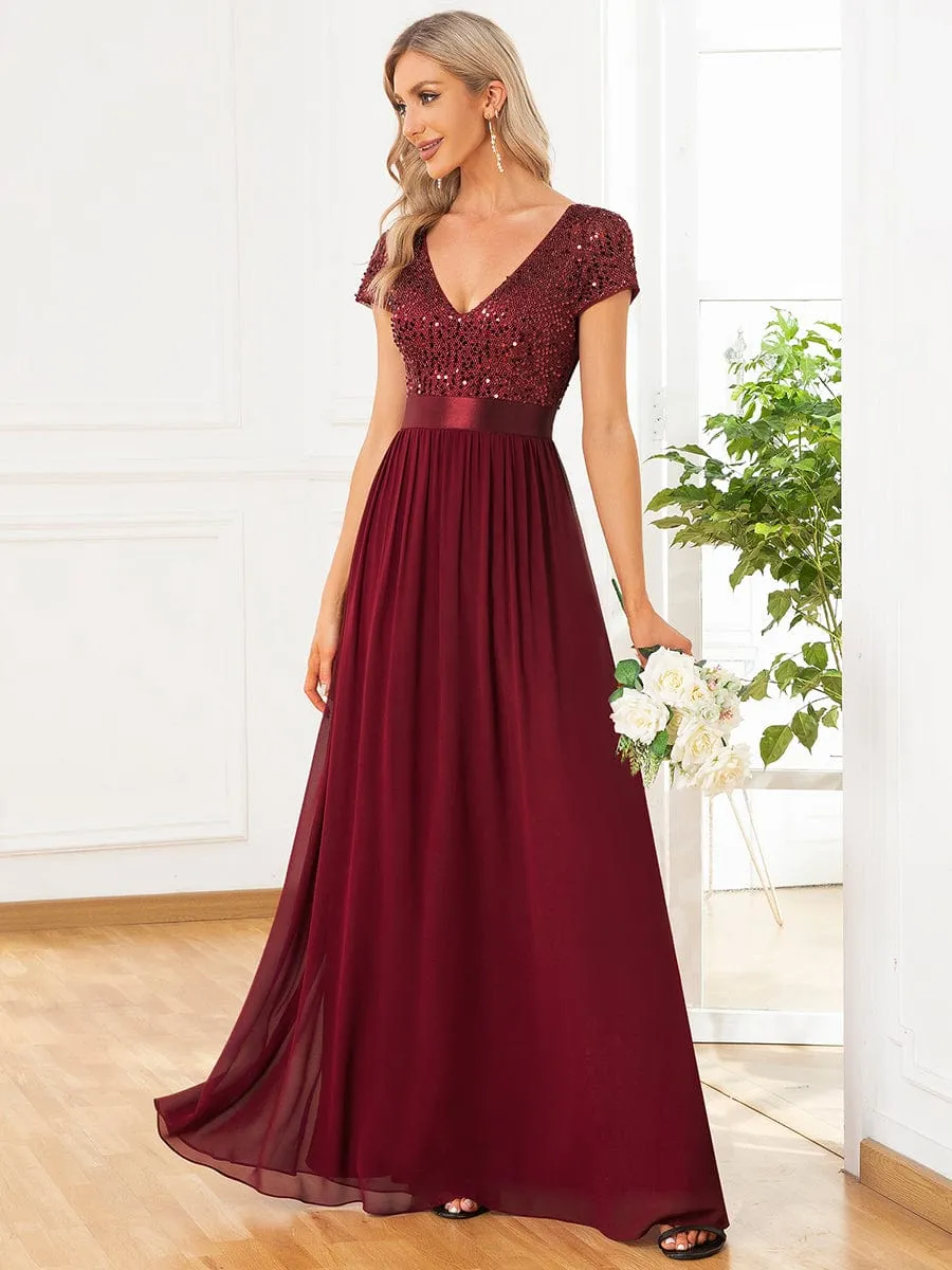 Empire Waist V-Neck Cap Sleeve Chiffon Formal Evening Dress
