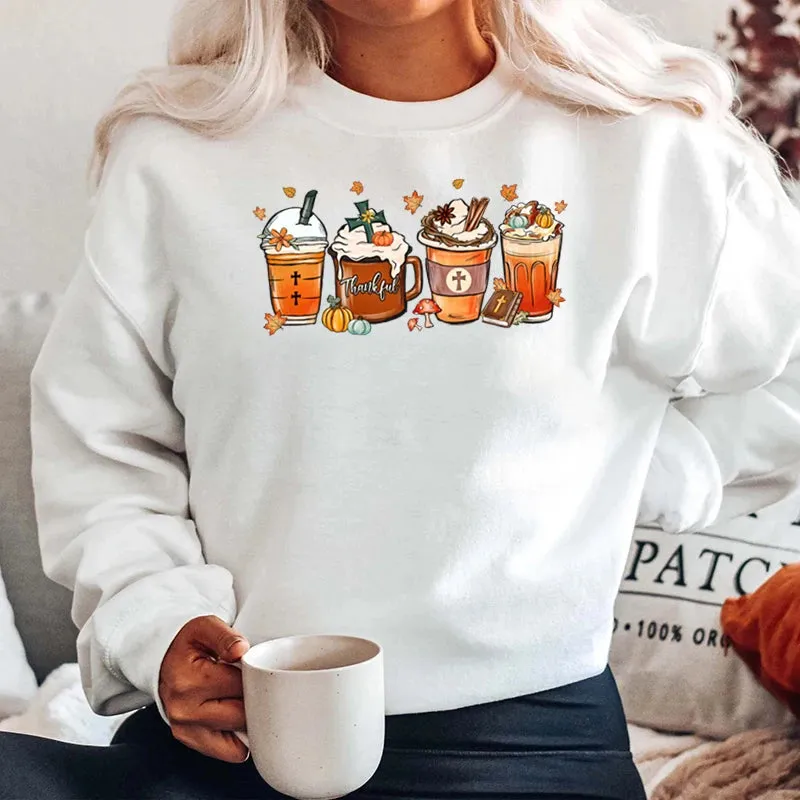 Fall Coffee Thankful Sweatshirt For Women Autumn And Winter Casual Sports Ladies Round Neck Hoodeless Pullovers Solid Color Tops