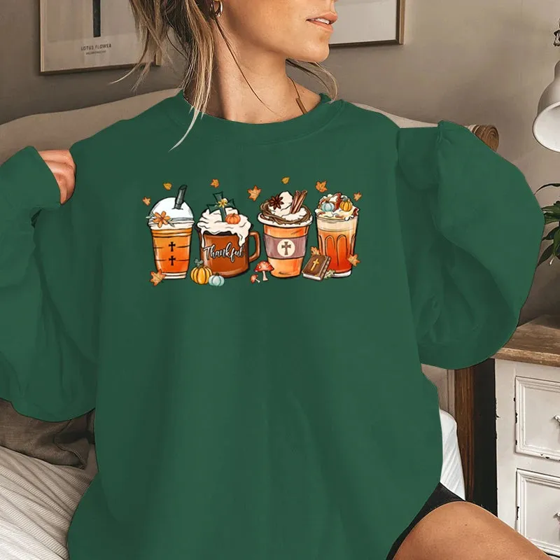 Fall Coffee Thankful Sweatshirt For Women Autumn And Winter Casual Sports Ladies Round Neck Hoodeless Pullovers Solid Color Tops