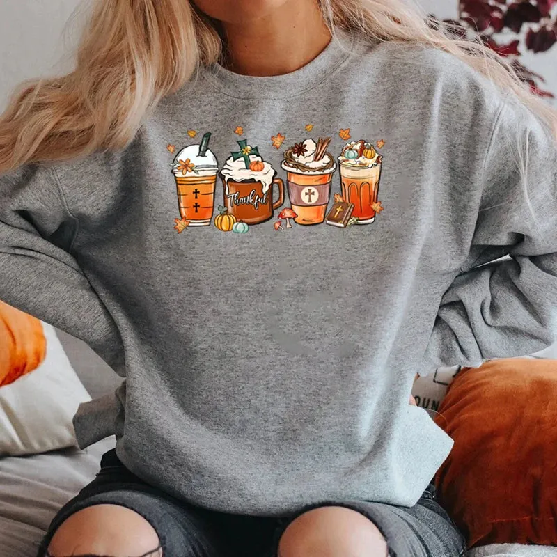 Fall Coffee Thankful Sweatshirt For Women Autumn And Winter Casual Sports Ladies Round Neck Hoodeless Pullovers Solid Color Tops