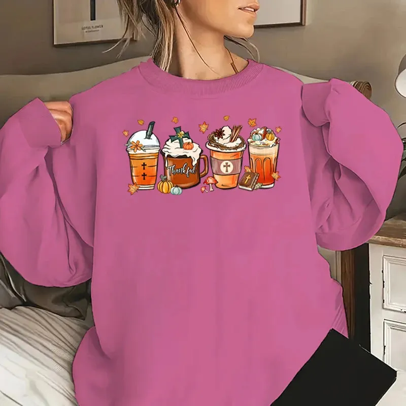 Fall Coffee Thankful Sweatshirt For Women Autumn And Winter Casual Sports Ladies Round Neck Hoodeless Pullovers Solid Color Tops