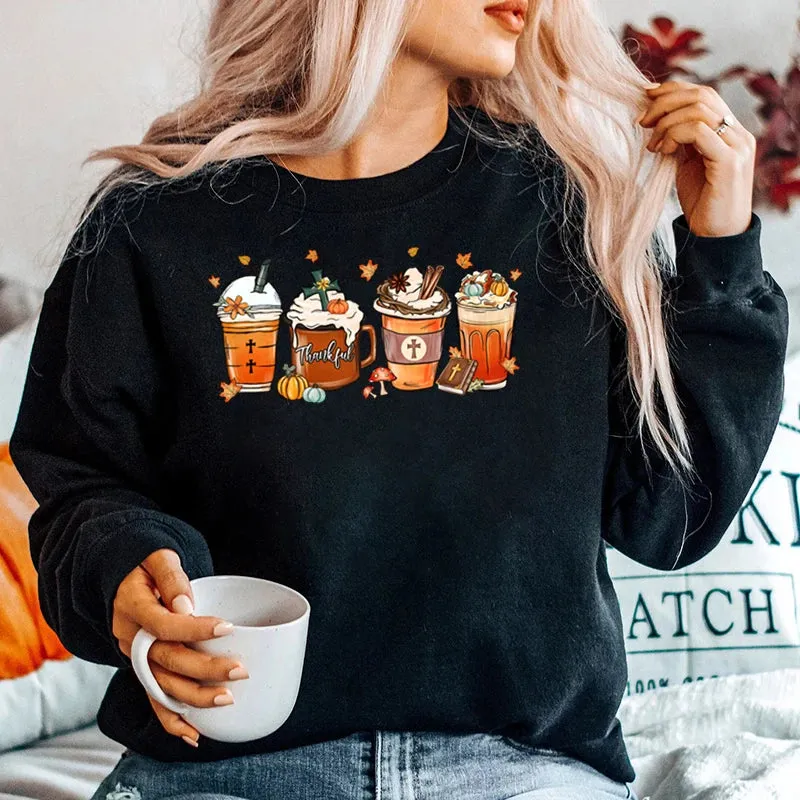 Fall Coffee Thankful Sweatshirt For Women Autumn And Winter Casual Sports Ladies Round Neck Hoodeless Pullovers Solid Color Tops