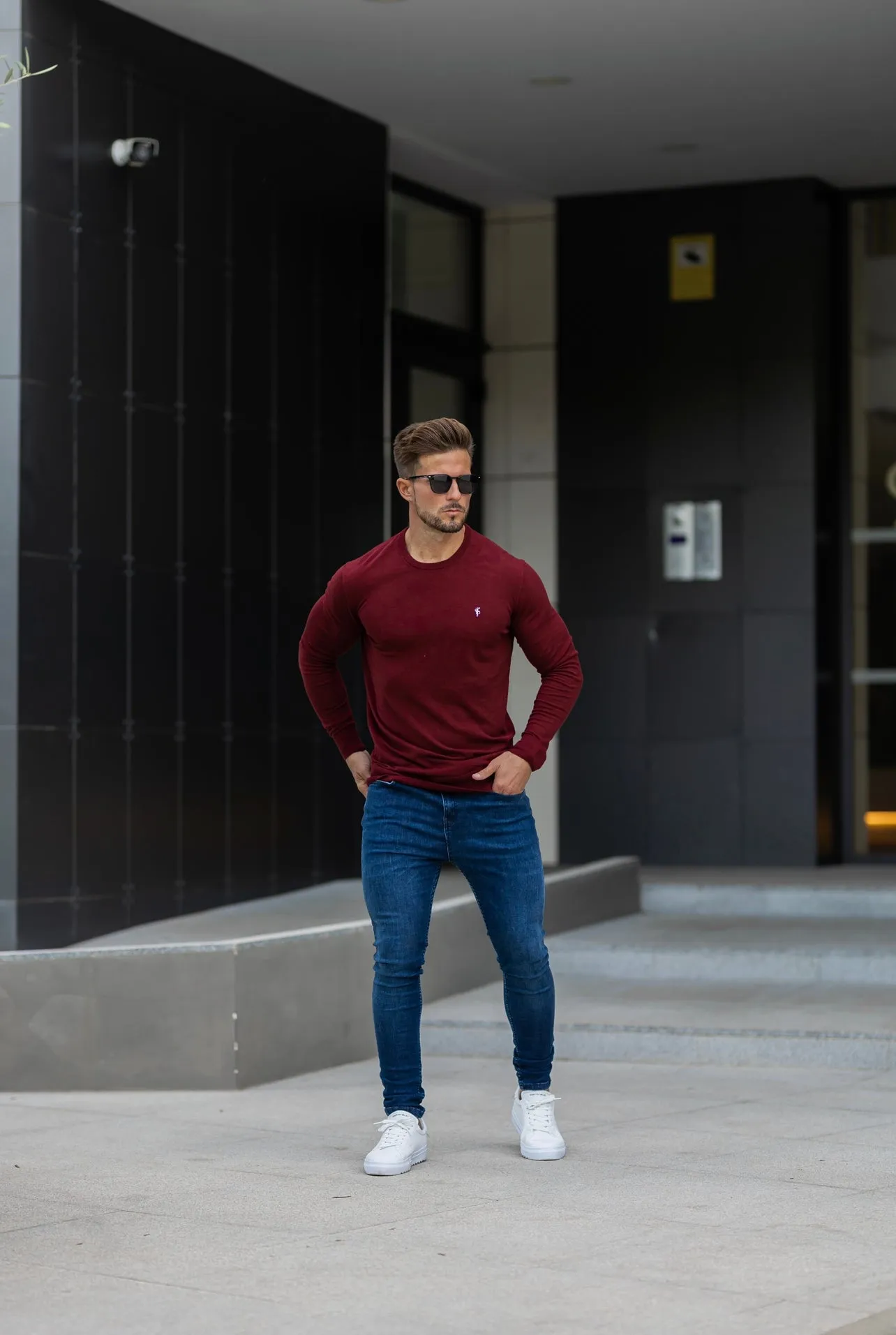 Father Sons Classic Burgundy Light Weight Knitted Crew Neck Sweater with Metal Decal - FSN097
