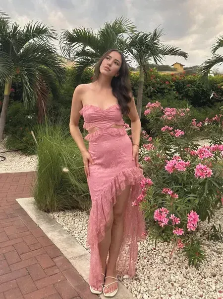 Formal Wear Dresses Pink Strapless Cut Out Lace High-Low Sweet Party Dress Stores With Prom Dresses Formal Women's Dresses