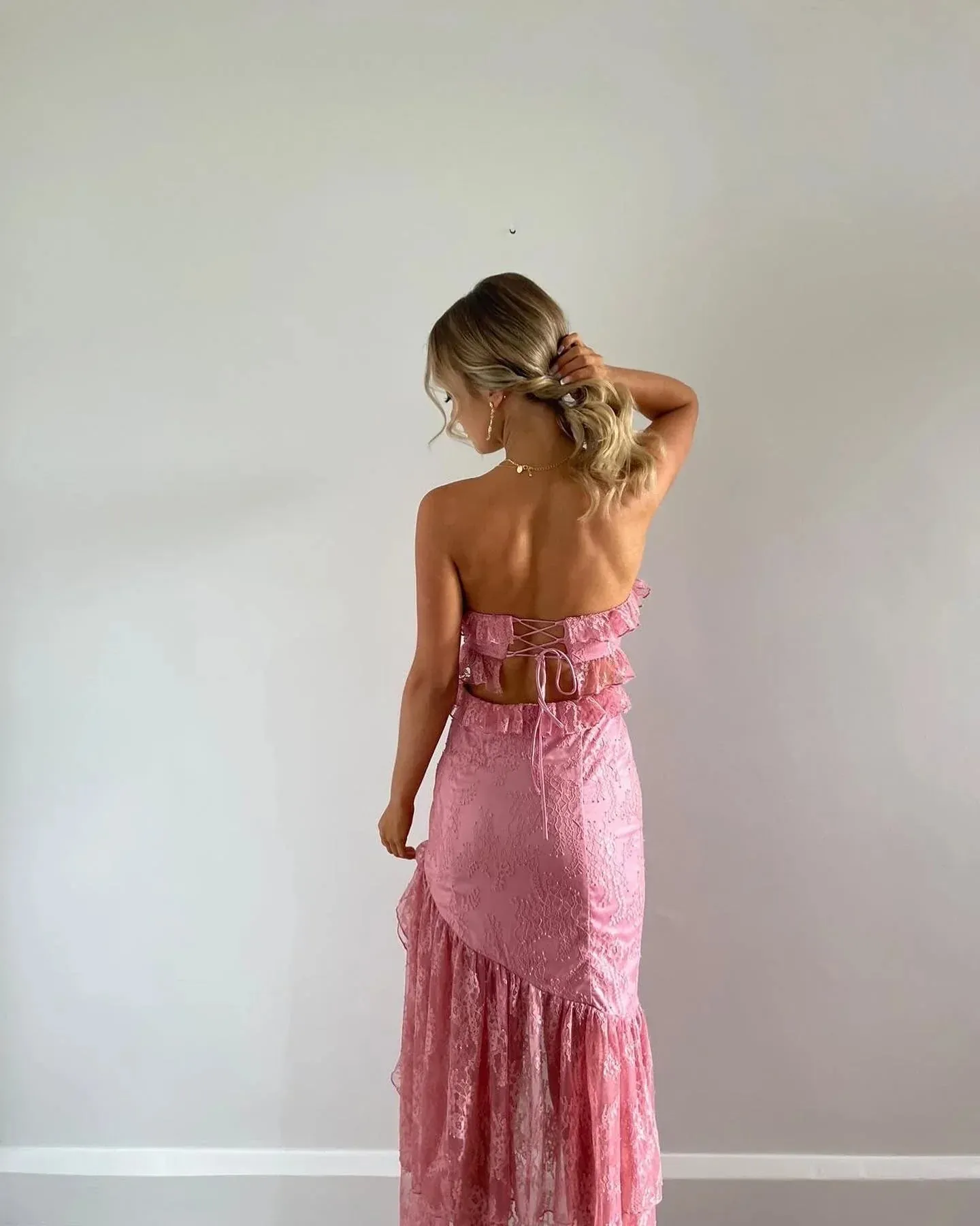 Formal Wear Dresses Pink Strapless Cut Out Lace High-Low Sweet Party Dress Stores With Prom Dresses Formal Women's Dresses