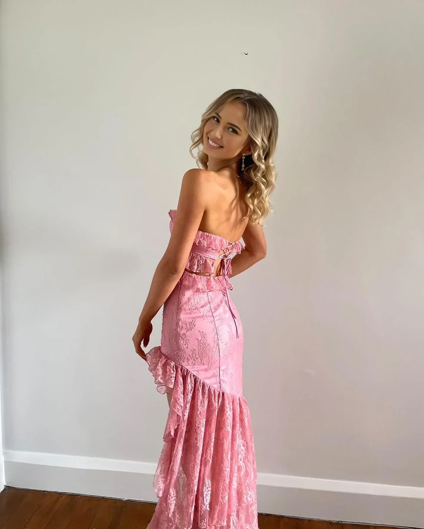 Formal Wear Dresses Pink Strapless Cut Out Lace High-Low Sweet Party Dress Stores With Prom Dresses Formal Women's Dresses