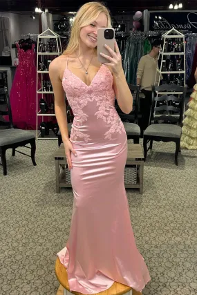 Formal Wear Dresses Pink Straps Appliques Mermaid Formal Long Party Dress Prom Dresses Shops Formal Women's Dresses