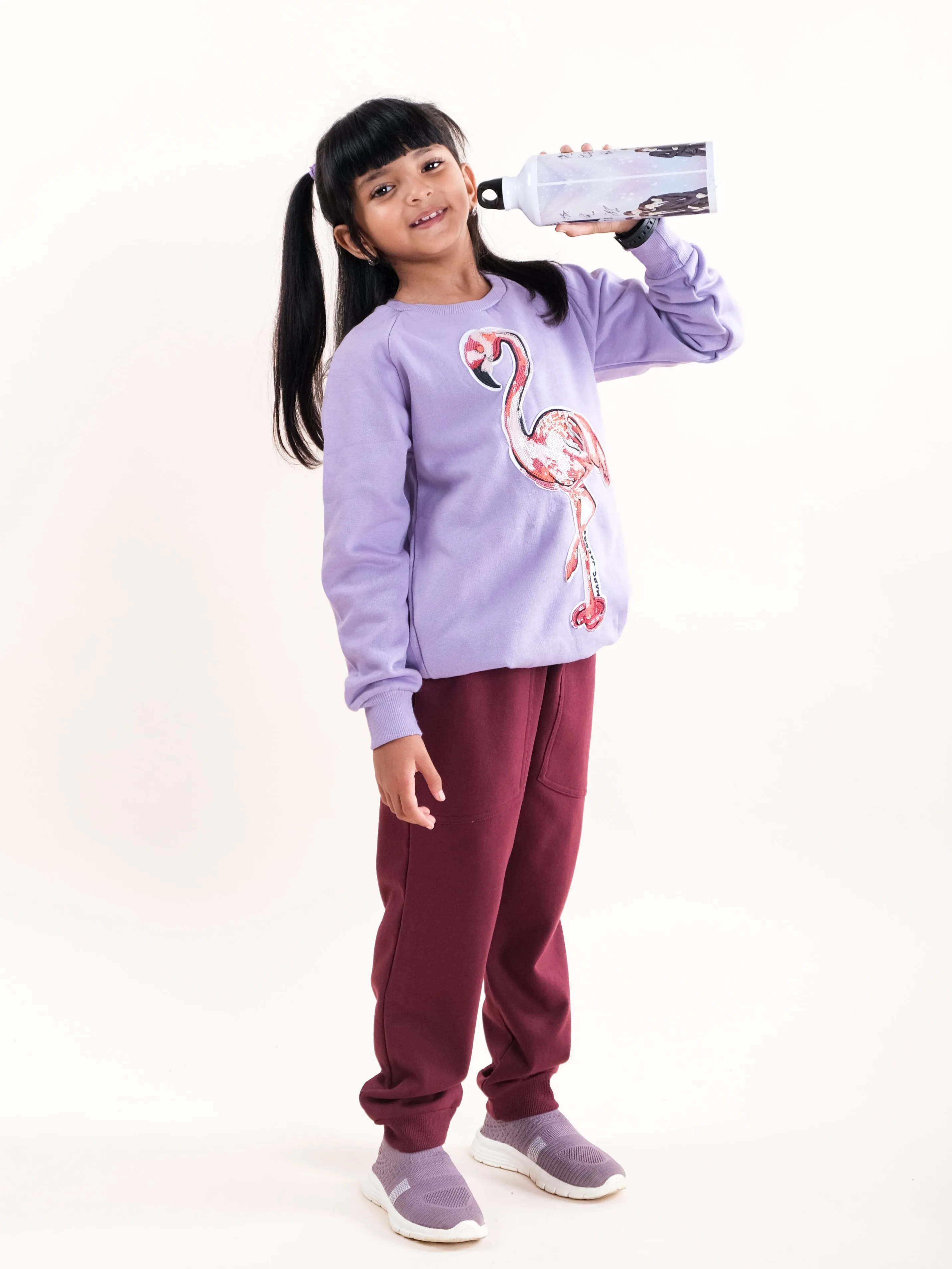Girls Fleece Full Sleeve Round Neck Sweatshirt With Applique & Solid Track Pant Set