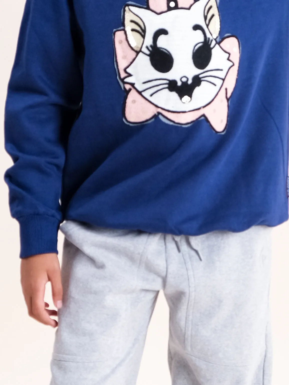 Girls Fleece Full Sleeve Round Neck Sweatshirt With Applique & Solid Track Pant Set