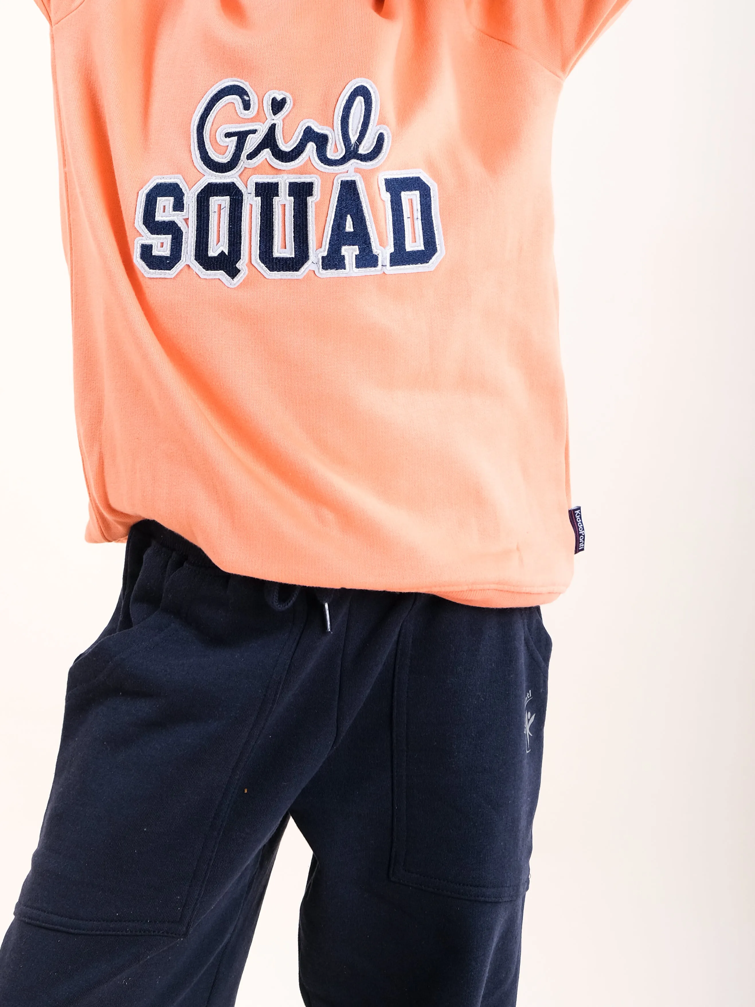 Girls Fleece Full Sleeve Round Neck Sweatshirt With Applique & Solid Track Pant Set