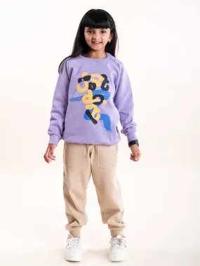 Girls Fleece Full Sleeve Round Neck Sweatshirt With Applique & Solid Track Pant Set