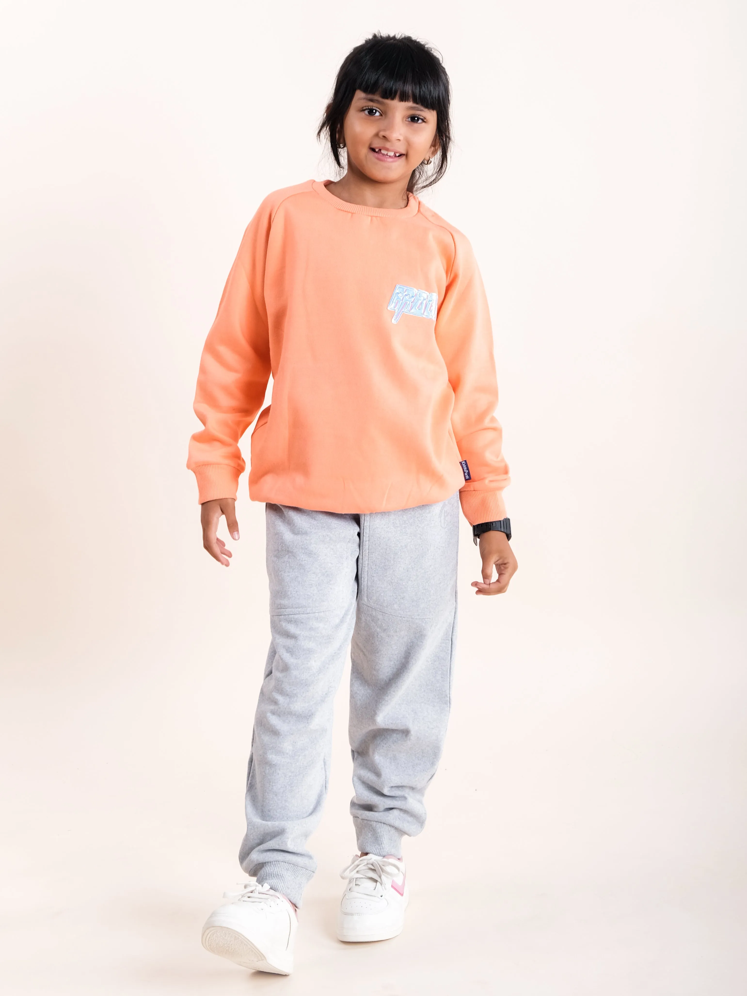 Girls Fleece Full Sleeve Round Neck Sweatshirt With Applique & Solid Track Pant Set