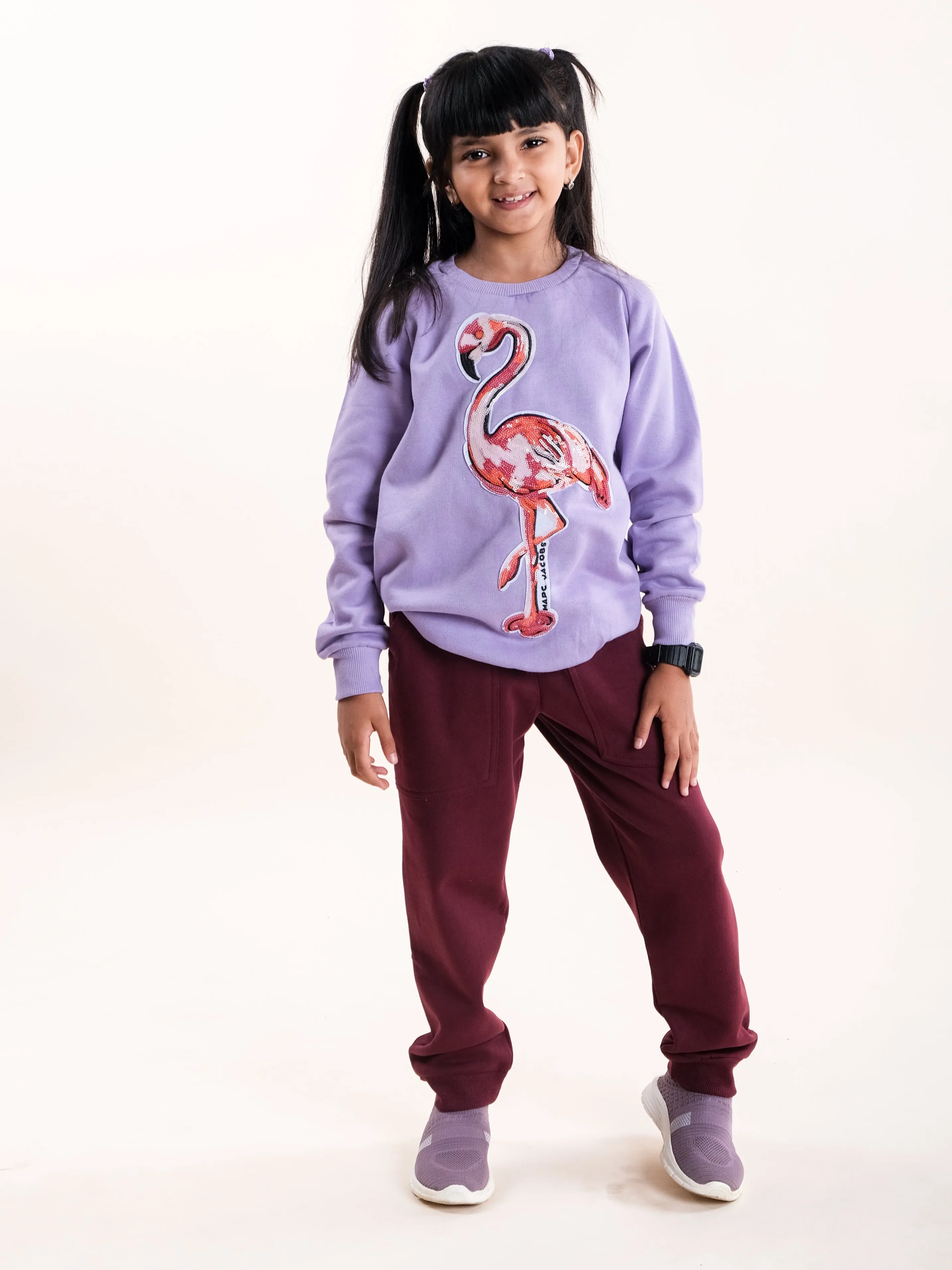 Girls Fleece Full Sleeve Round Neck Sweatshirt With Applique & Solid Track Pant Set