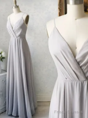 Gray V Neck Chiffon Long Prom Dresses, Gray V Neck Long Formal Bridesmaid Dresses