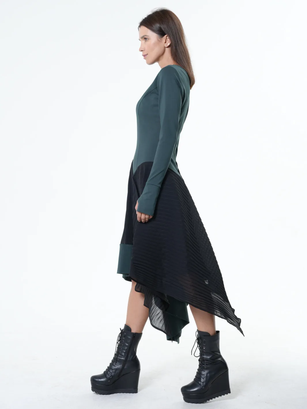 Green Dress With Black Pleated Chiffon