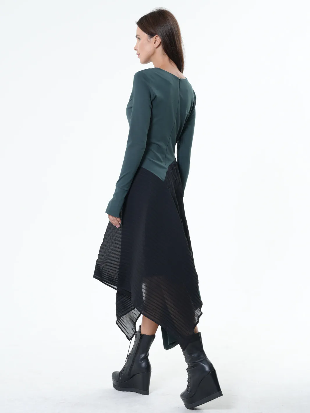 Green Dress With Black Pleated Chiffon