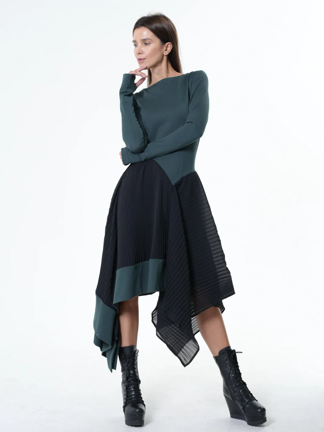 Green Dress With Black Pleated Chiffon