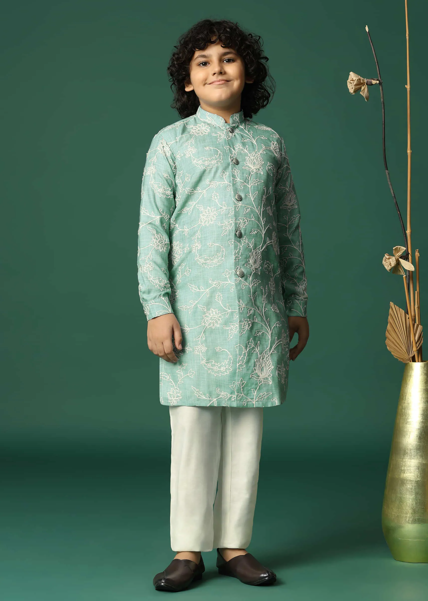 Green Floral Cotton Kurta Pant With Resham Work For Boys
