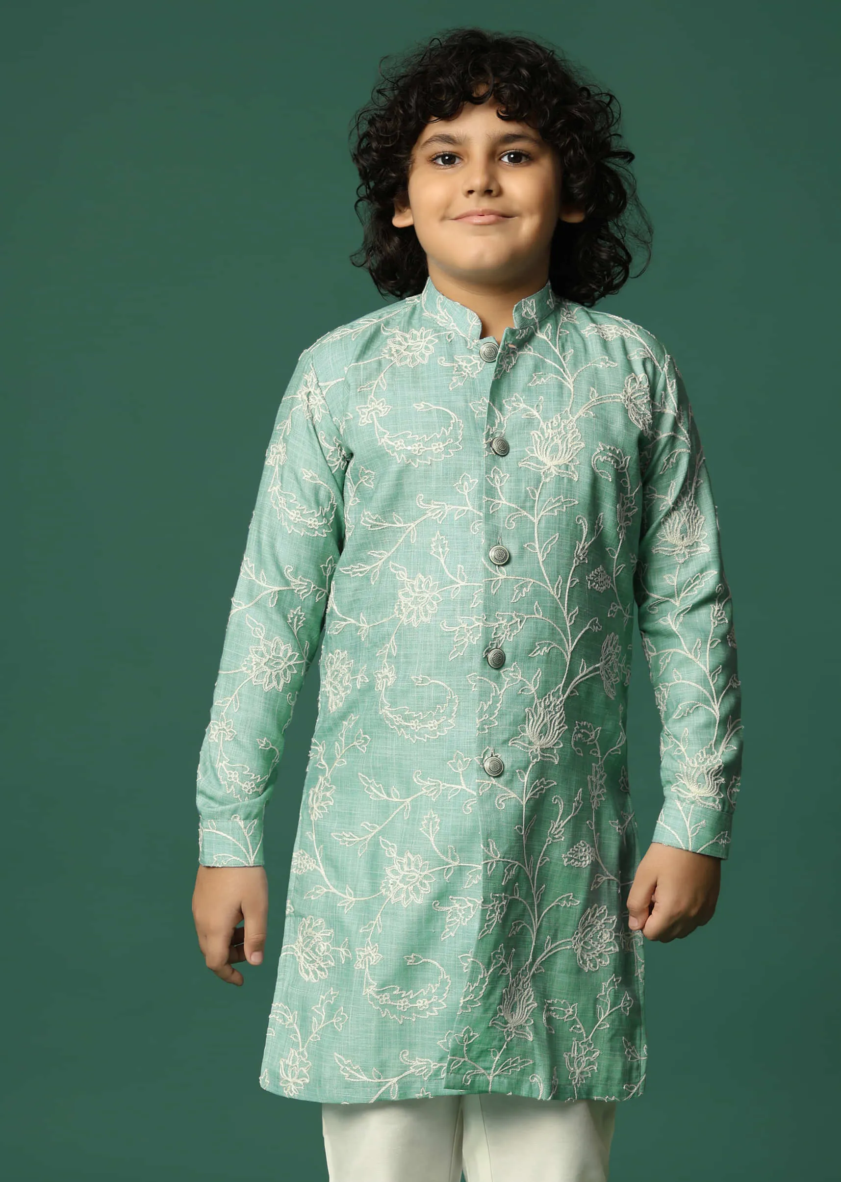Green Floral Cotton Kurta Pant With Resham Work For Boys