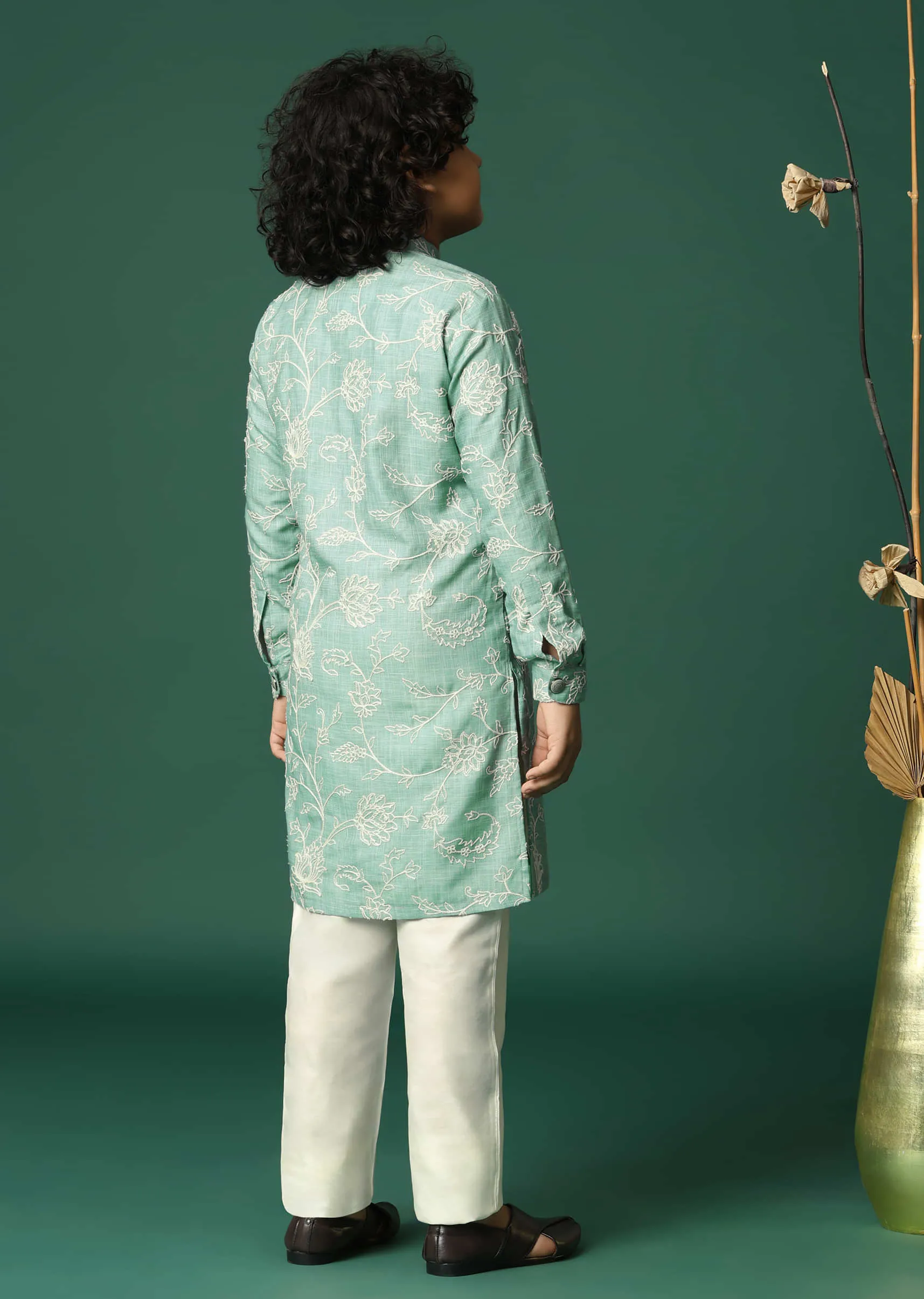 Green Floral Cotton Kurta Pant With Resham Work For Boys