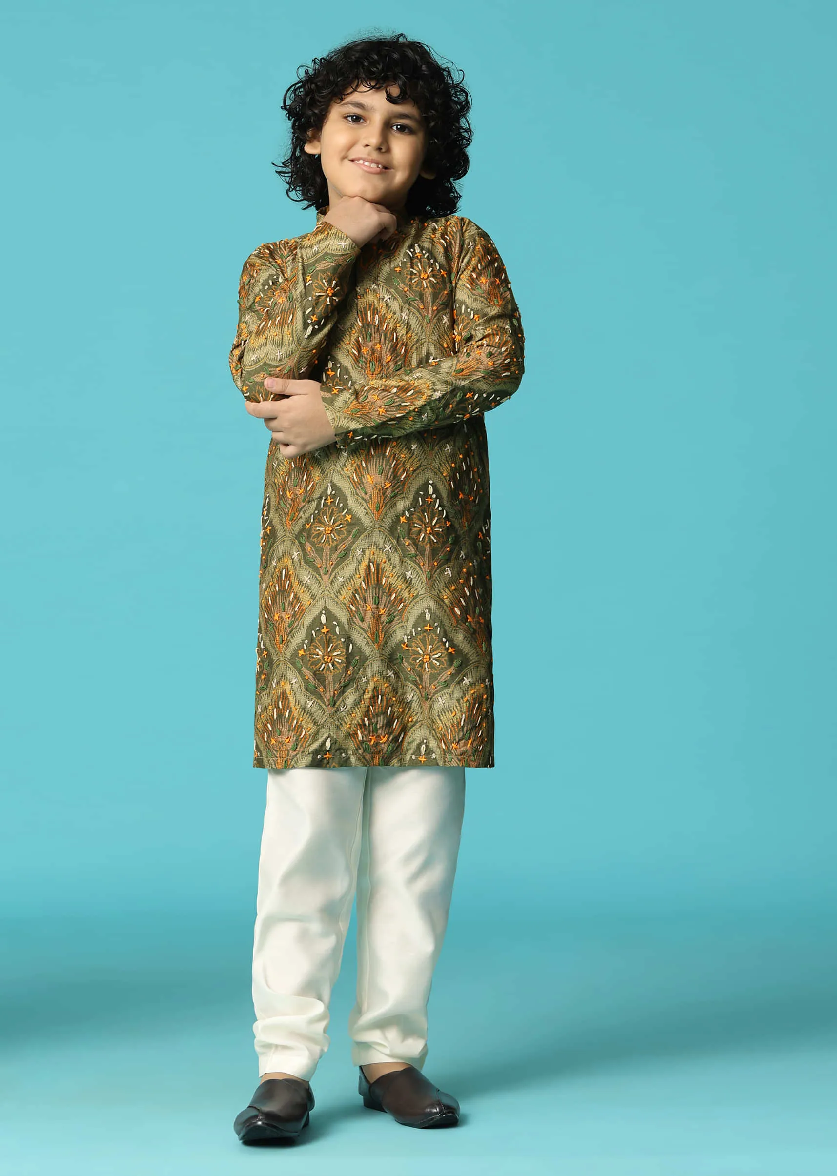 Green Kurta Pant With Resham Work For Boys