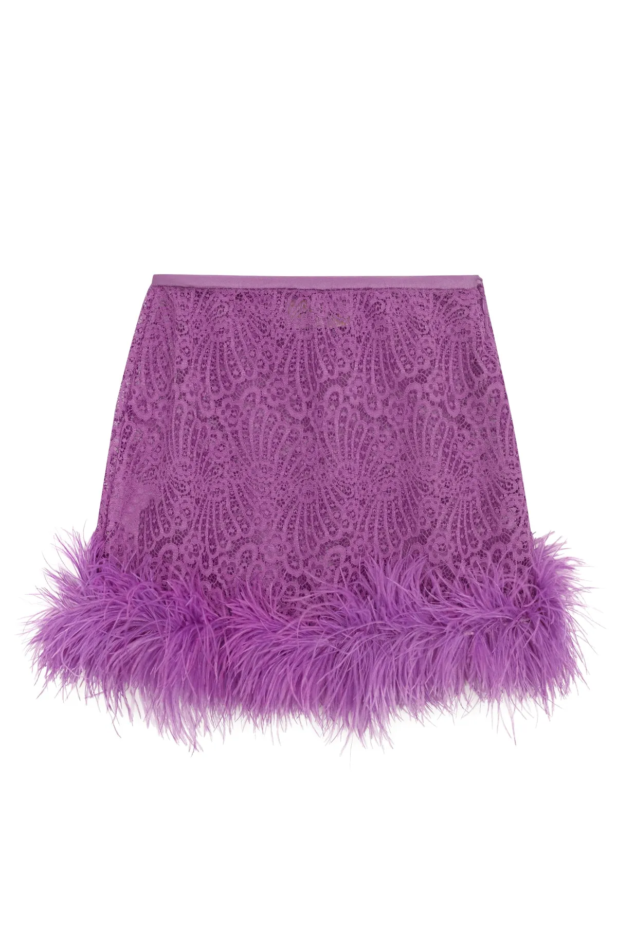 Chic Guipure Lace Mini Skirt with Feather Detailing