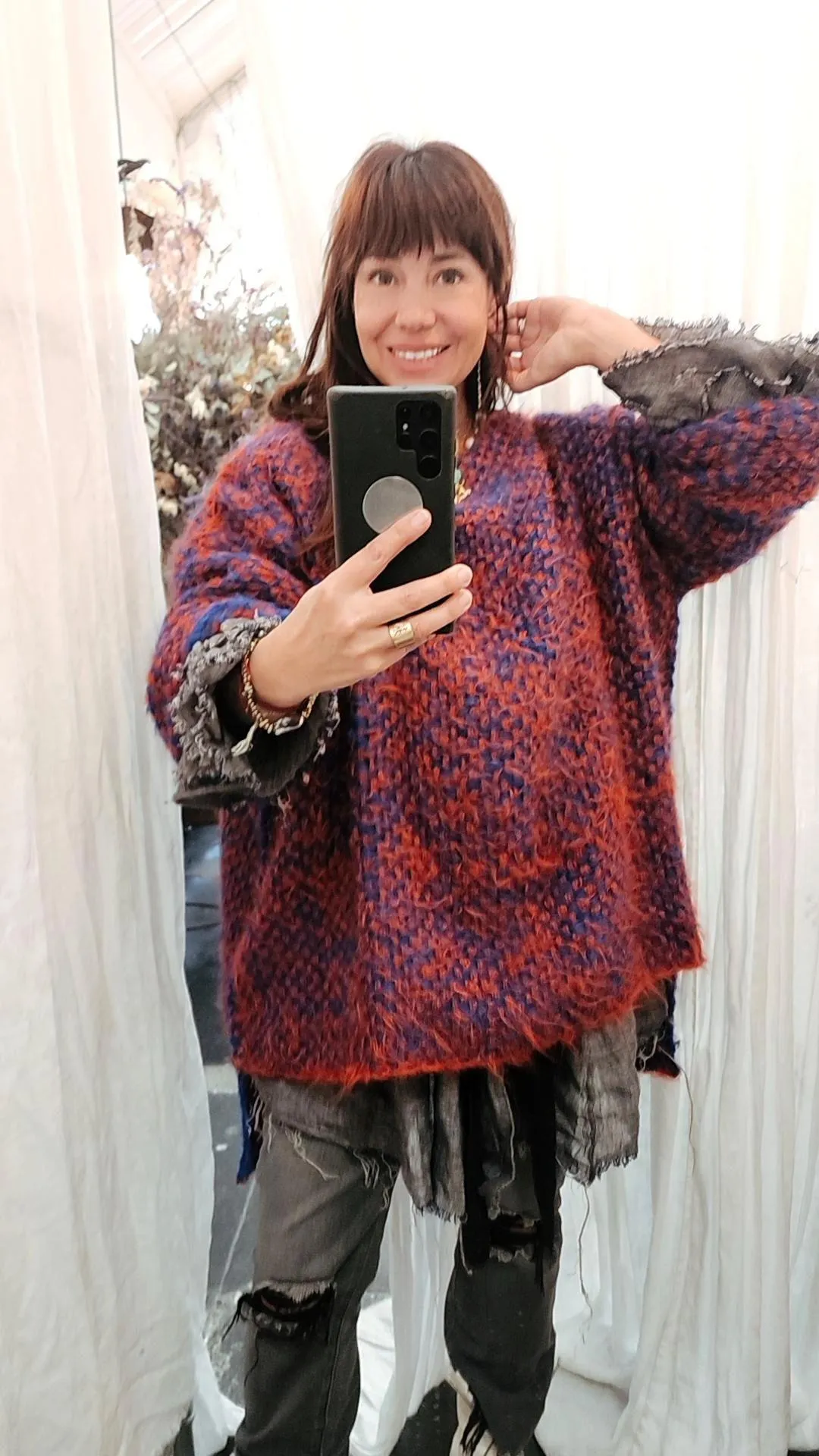 Hand loom 2 tone sweater (Alpaca) Rust - cobalt