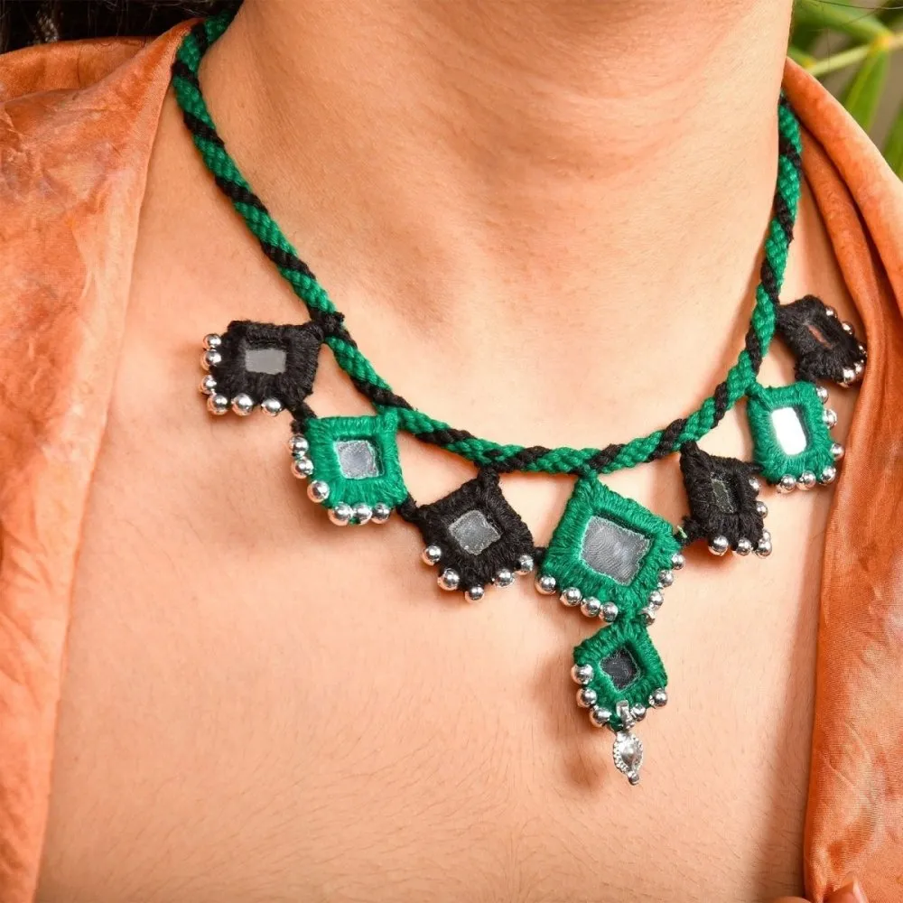 Handcrafted Mirror Work Necklace - Black & Green
