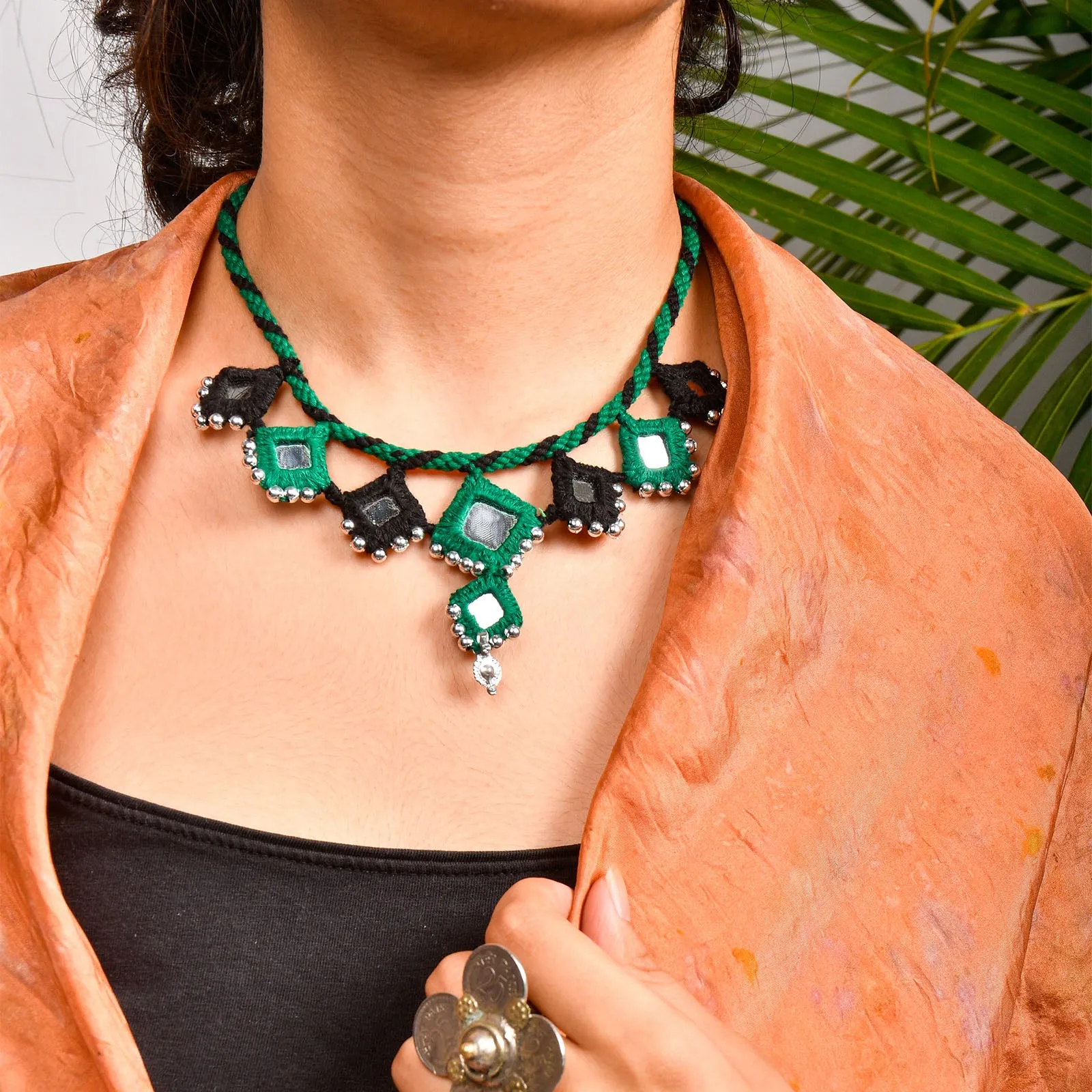 Handcrafted Mirror Work Necklace - Black & Green