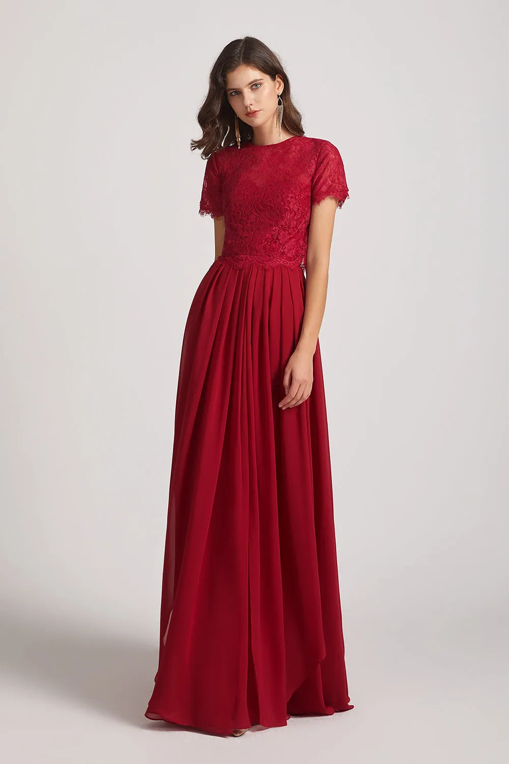 Jewel Lace Top Short Sleeve Long Chiffon Bridesmaid Dresses (AF0135)