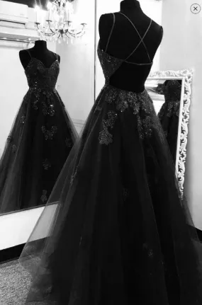 kamahe Black tulle lace prom dress tulle formal dresses