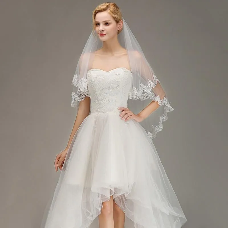 Lace Edge Short with Comb  Two Layers Wedding Veils | Bridelily