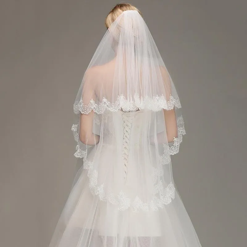 Lace Edge Short with Comb  Two Layers Wedding Veils | Bridelily