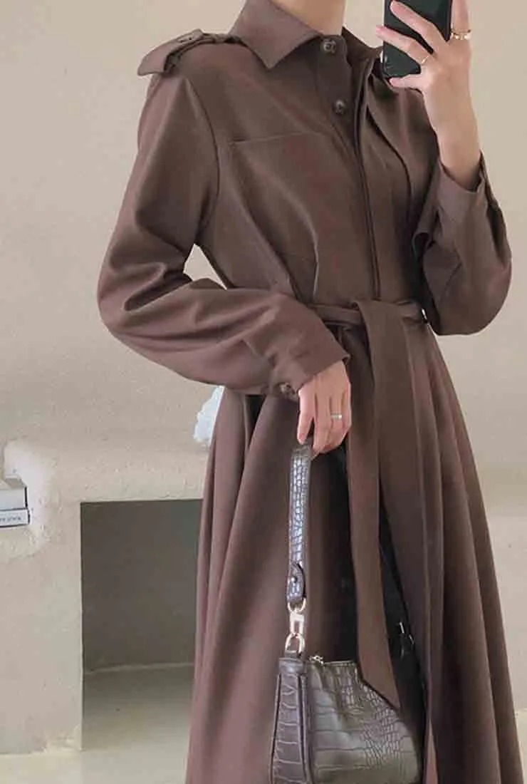 Lapel Collar Belted Trench Coat With Epaulette