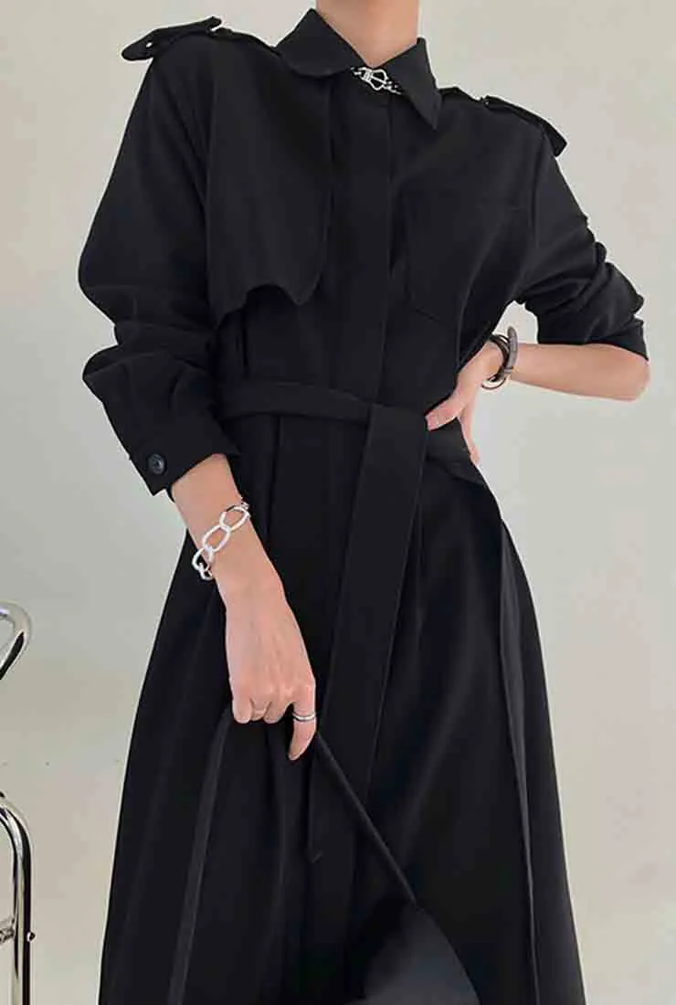 Lapel Collar Belted Trench Coat With Epaulette