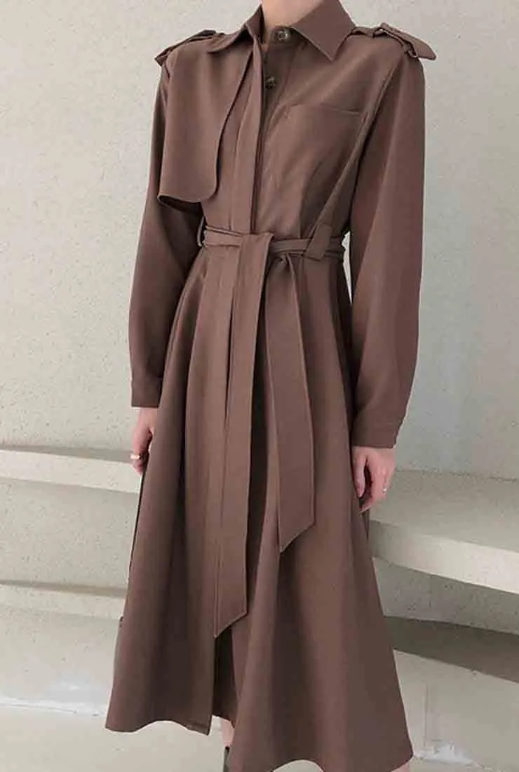 Lapel Collar Belted Trench Coat With Epaulette