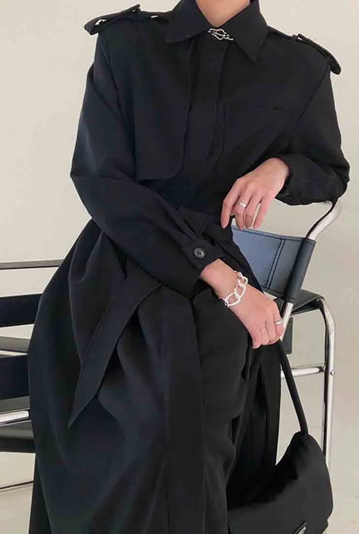 Lapel Collar Belted Trench Coat With Epaulette
