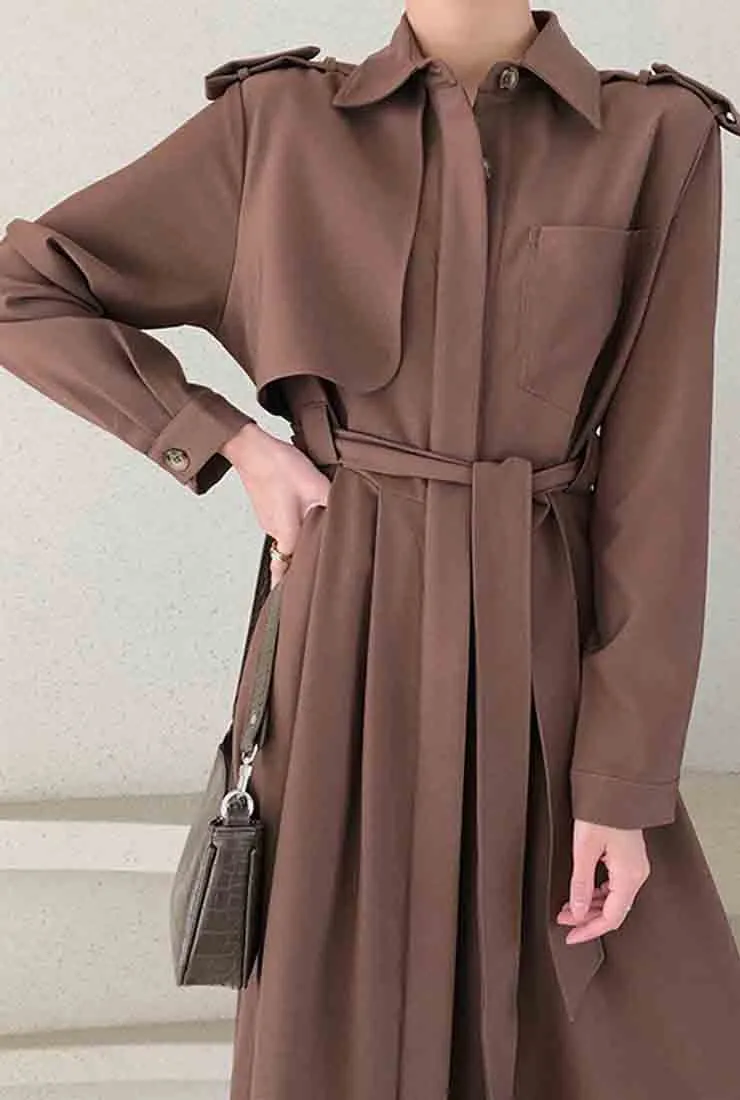 Lapel Collar Belted Trench Coat With Epaulette