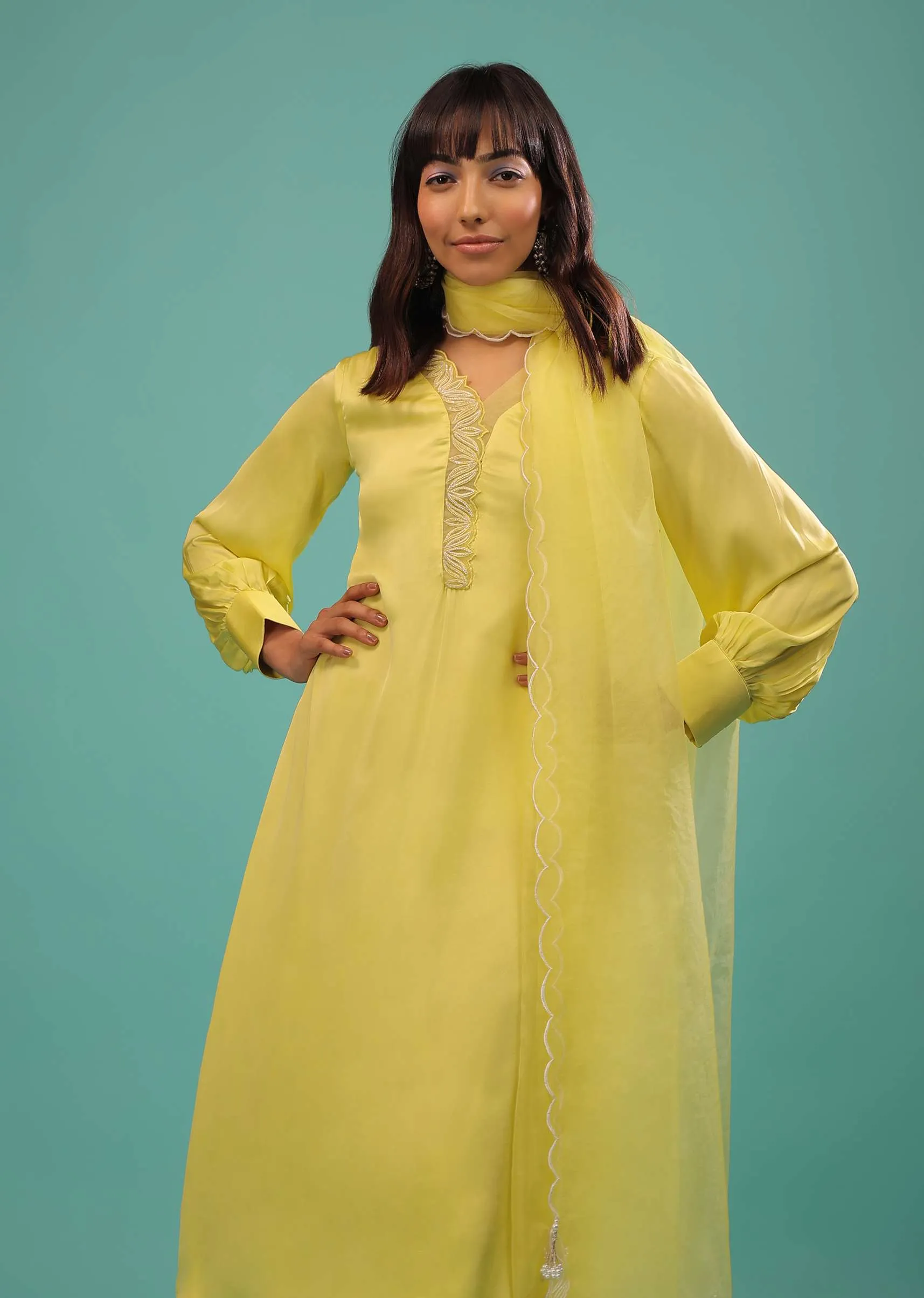 Lime Yellow Bemberg Silk A Line Suit In Organza