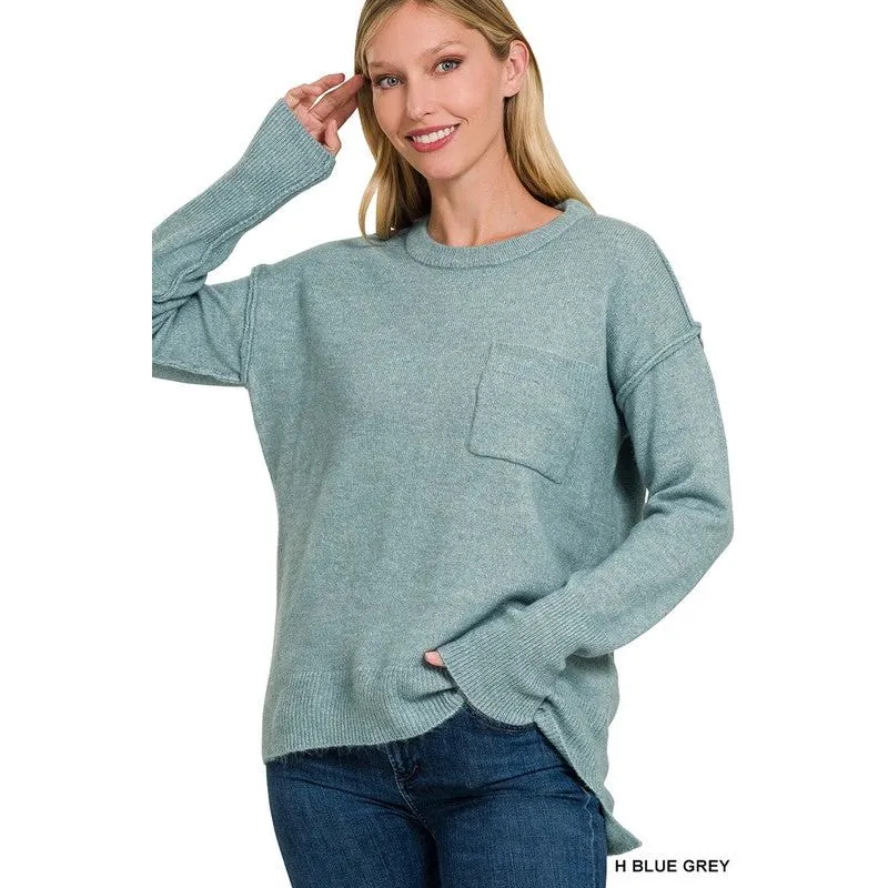 MELANGE HI-LOW HEM ROUND NECK SWEATER